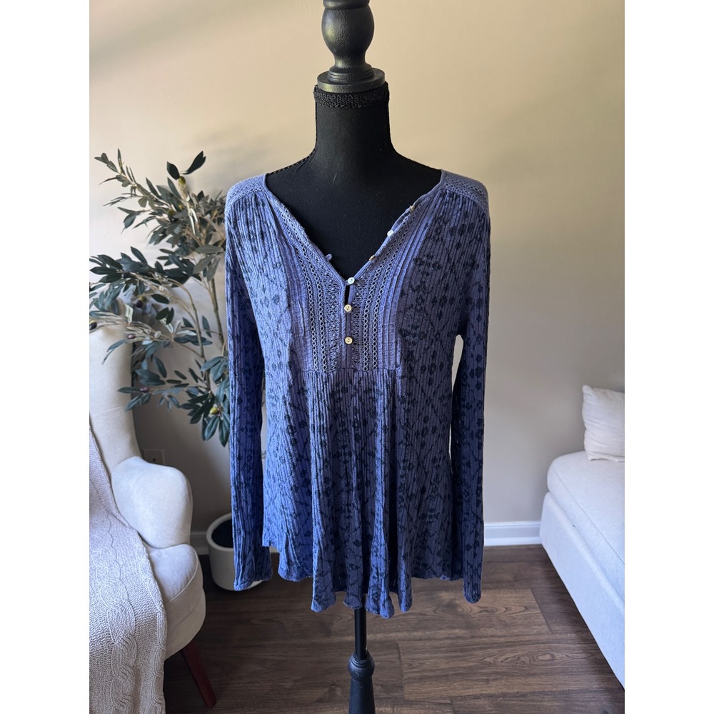 Lucky Brand Blue Boho Crochet Lace Henley Long Sleeve Peasant Top Medium